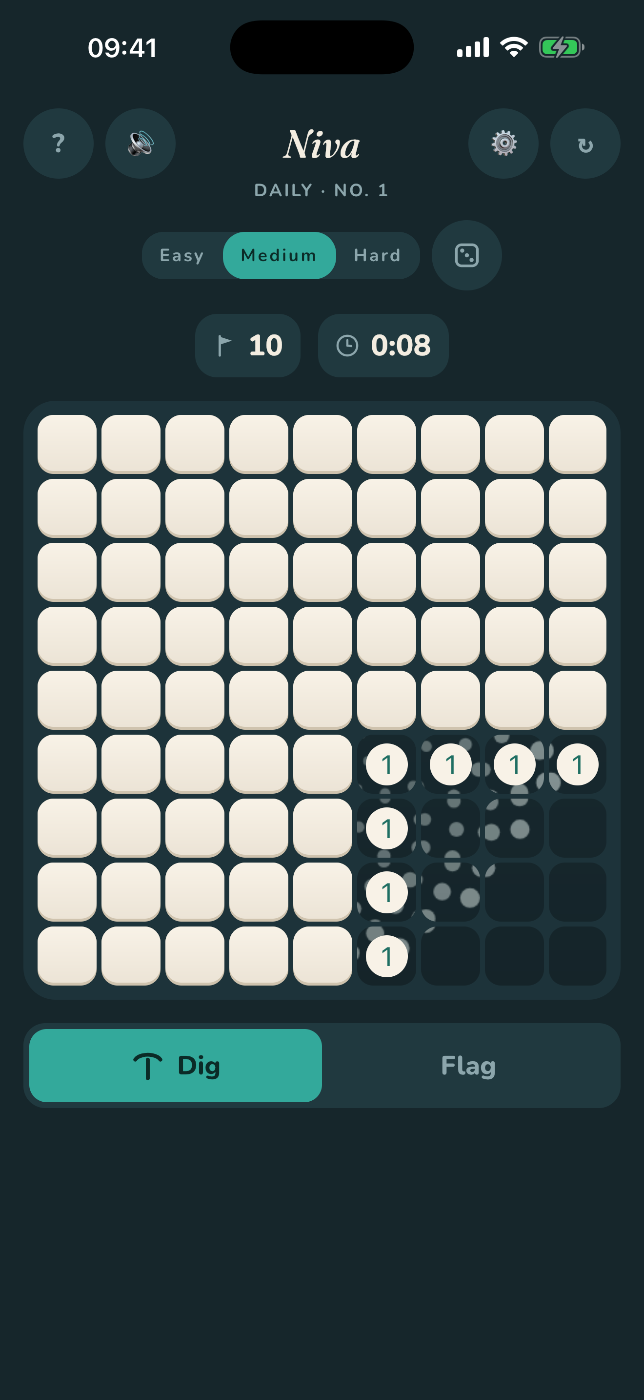Niva on iPhone — a fresh daily board of covered ceramic tiles ready to solve.