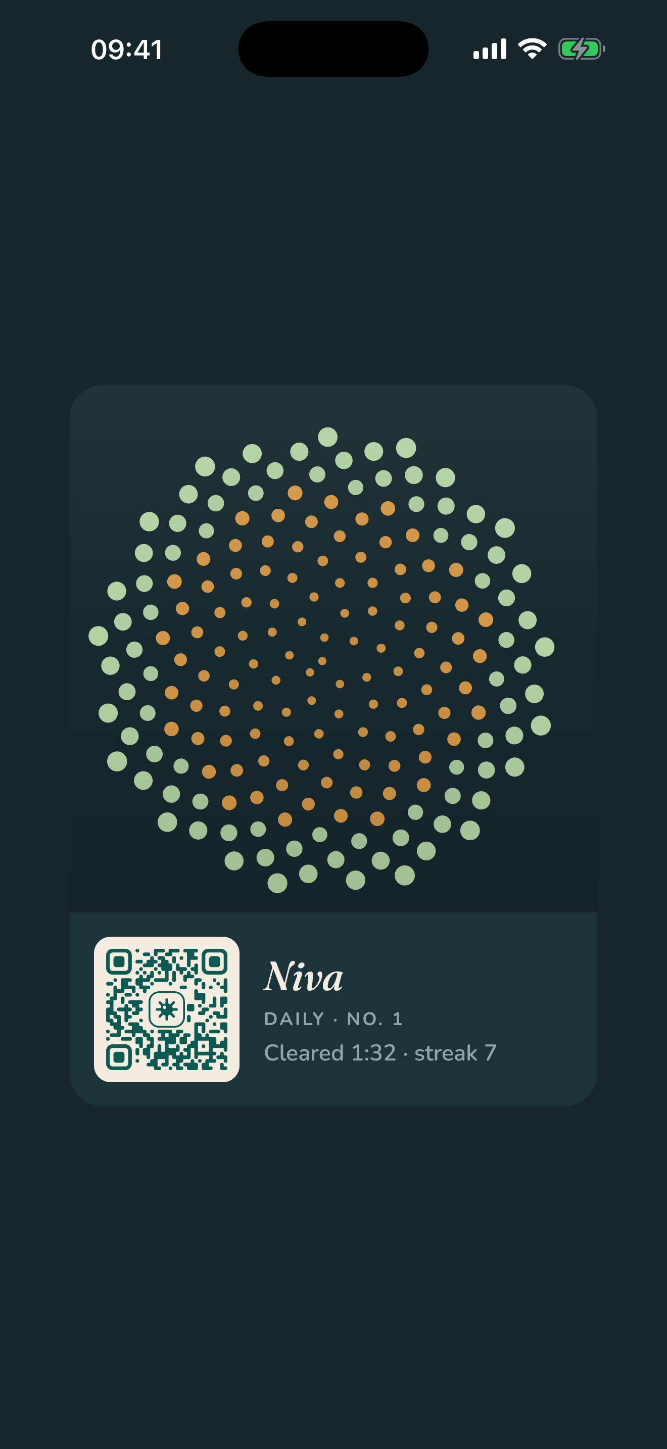Niva on iPhone — a solved board revealing a piece of generative art beneath the field.