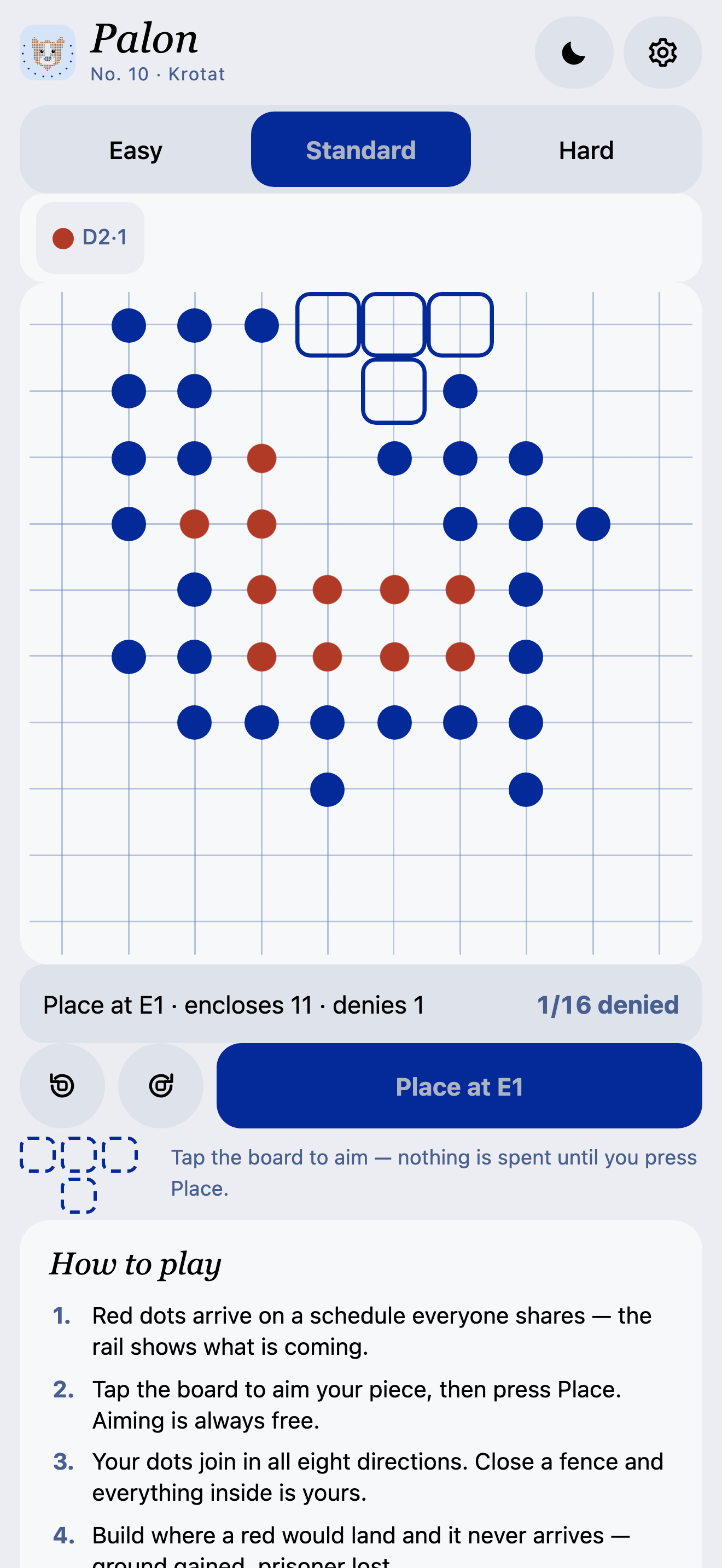 Palon — mid-day: blue walls closing around red dots, the tee piece aimed, and the readout pricing the move — encloses 11, denies 1.