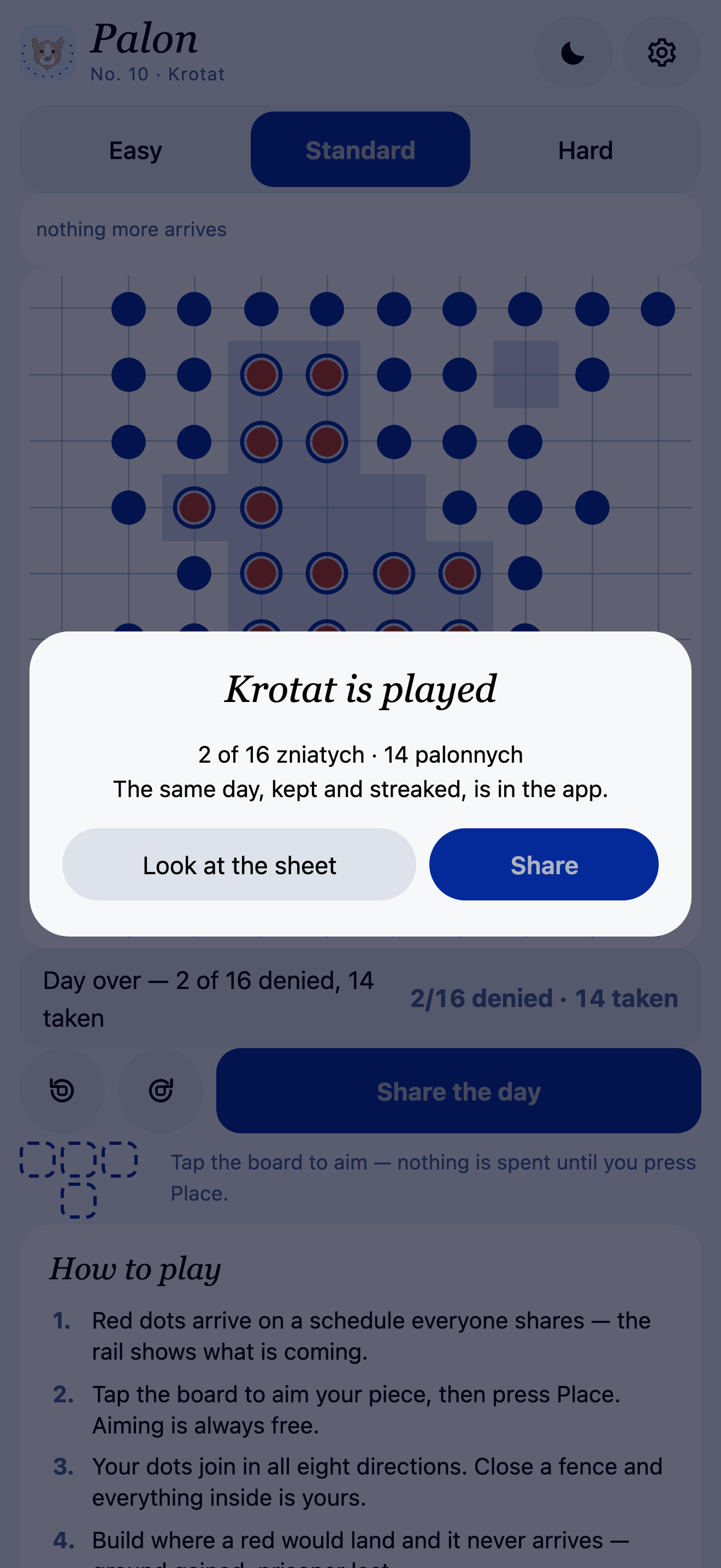 Palon — the day played: the result card for Krotat, 2 zniatych and 14 palonnych, with the captured ground shaded on the sheet behind it.