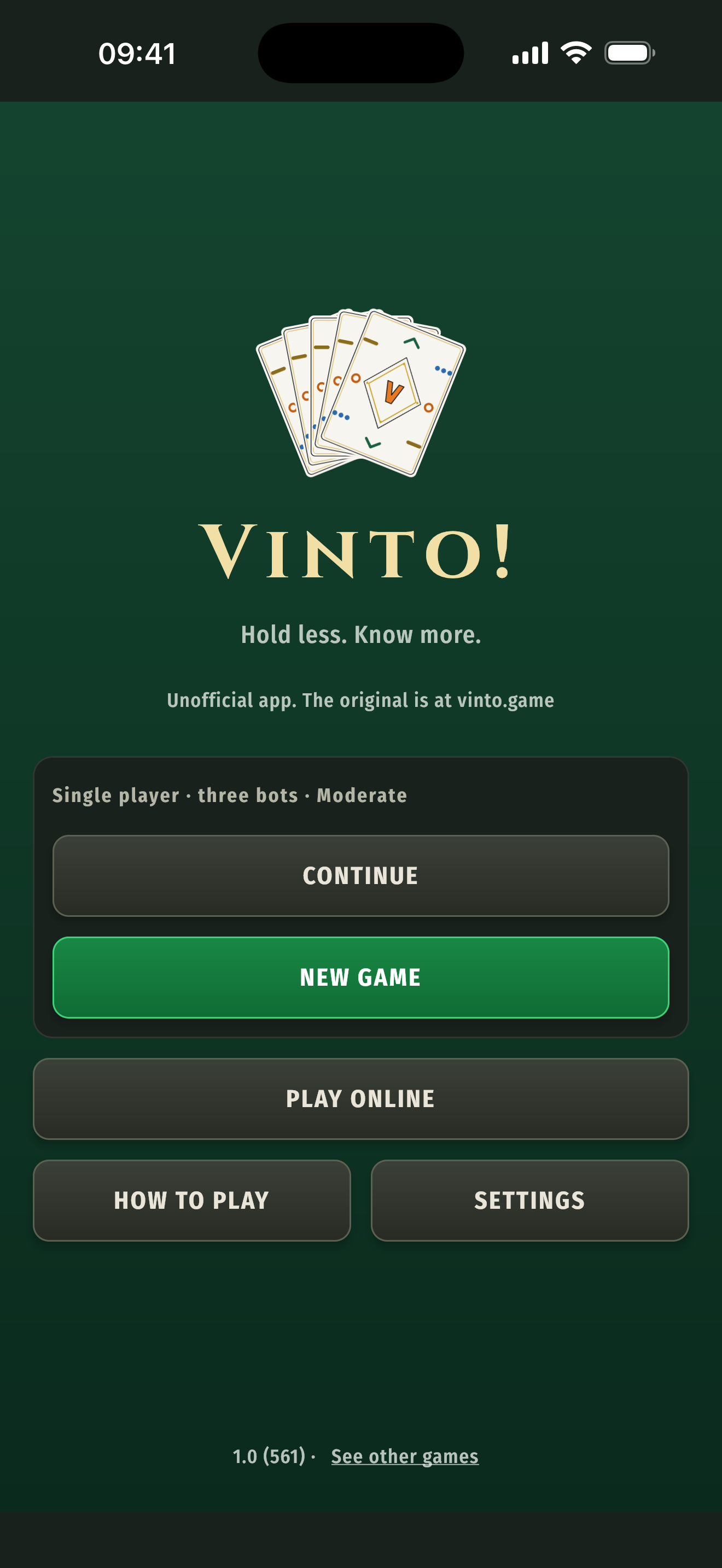 Vinto — the home screen on green felt: the wordmark over a fan of cards, “Hold less. Know more.”, and the choice between a single player against three bots and playing online.