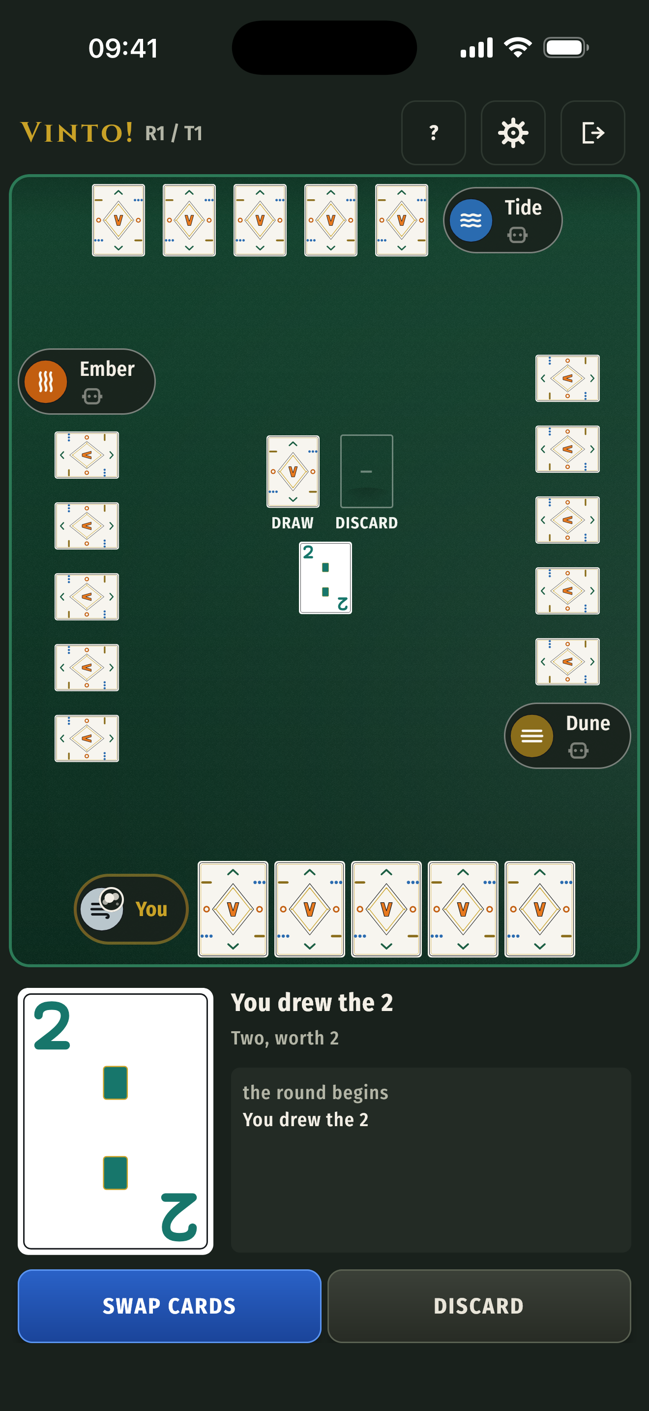 Vinto — a round in play: four seats around the felt with their cards face down, the draw and discard piles between them, and a drawn 2 offered to swap into the hand or discard.