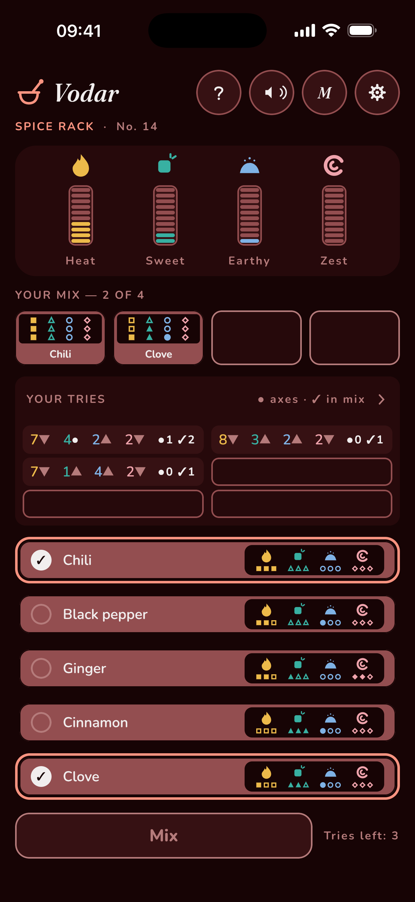 Vodar on the spice day in dark mode: a deep maroon page of chilli, black pepper, ginger and cinnamon — the app follows the phone from sunset.
