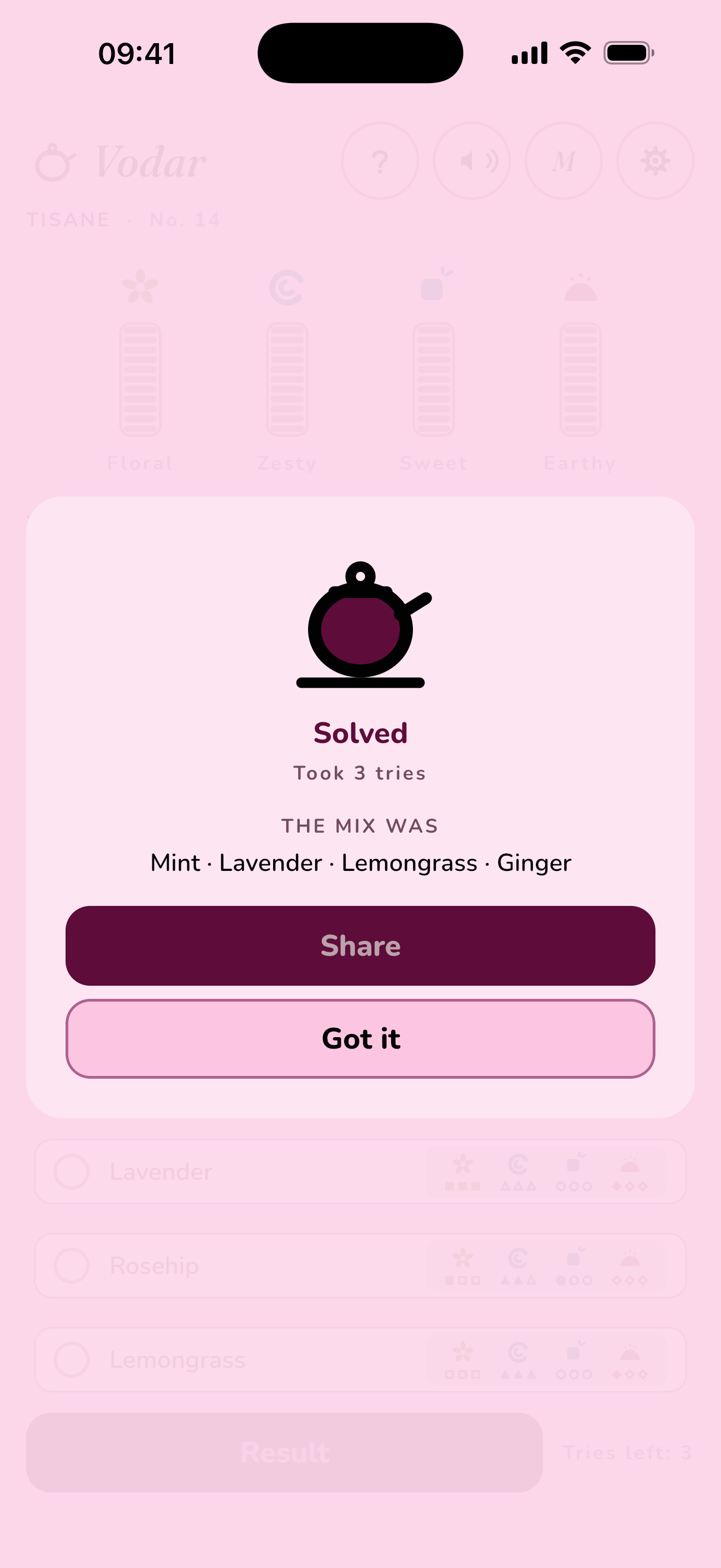 Vodar solved in three tries: the teapot flooded with colour, and the mix named as mint, lavender, lemongrass and ginger.